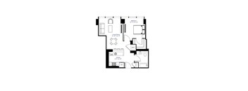 A black and white image of a floor plan for a small apartment.