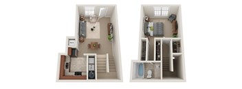 A floor plan of a two-bedroom apartment with a kitchen, living room, and bathroom.