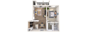 a stylized floor plan with a bedroom and a living room