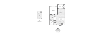A drawing of a floor plan for a one bedroom apartment.