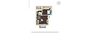 A 3D floor plan of a small apartment with a kitchen, living room, and bathroom.