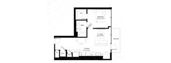 A black and white floor plan of a small apartment with a living room, bedroom, bathroom, kitchen, and balcony.
