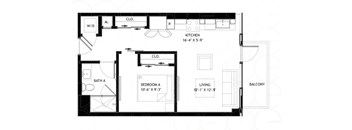 A black and white floor plan of a small apartment with a living room, kitchen, bathroom, and bedroom.