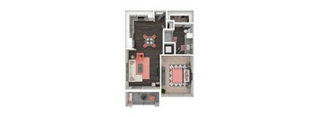 A modern apartment layout with a kitchen, living room, and bathroom.