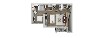 A top-down view of a small, neatly organized apartment with a kitchen, living room, and bathroom.