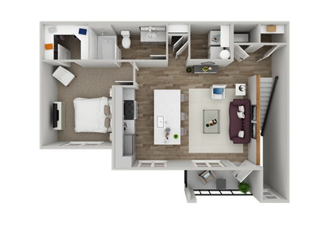 A top-down view of a small, neatly organized apartment with a kitchen, living room, and bathroom.