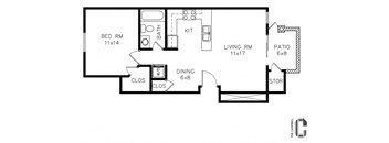 1 bed, 1 bath, 668 sq. ft. From the entry door, the dining area is immediately on the left, followed by the closet and then the bedroom. Straight ahead from the entry is the living room, which leads to the patio and outdoor storage. To the right of the dining area is the kitchen and bathroom.