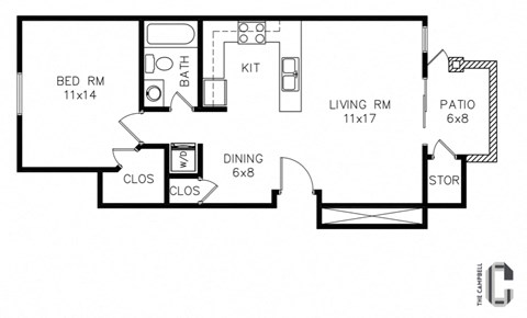 1 bed, 1 bath, 668 sq. ft. From the entry door, the dining area is immediately on the left, followed by the closet and then the bedroom. Straight ahead from the entry is the living room, which leads to the patio and outdoor storage. To the right of the dining area is the kitchen and bathroom.