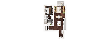 A top-down view of a small apartment with a kitchen, living room, and bathroom.