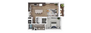 A top-down view of a small apartment with a kitchen, living room, and bathroom.