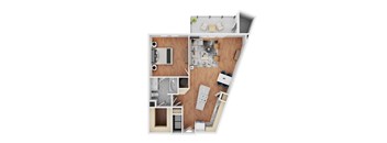 A top down view of a house layout with a kitchen, living room, and bathroom.