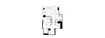 A black and white image of a floor plan for a small apartment.
