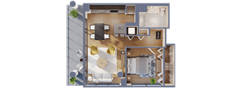 A top-down view of a living room with a dining area and kitchen.