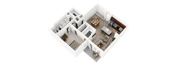 A white two-story house with a living room, dining room, kitchen, and bedrooms.