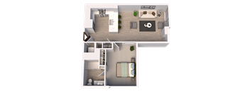 A 3D floor plan of a house with a living room, kitchen, and bedrooms.