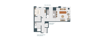 A diagram of a house layout with a living room, bedroom, and countertops.
