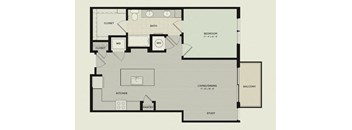 A floor plan of a house with a bedroom, living room, kitchen, pantry, and two closets.