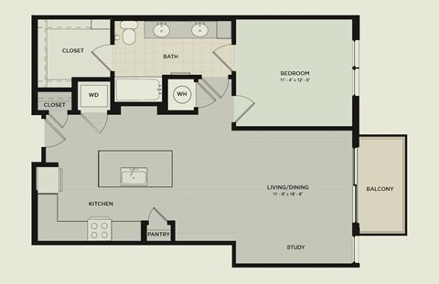 A floor plan of a house with a bedroom, living room, kitchen, pantry, and two closets.