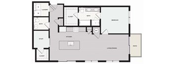 A floor plan of a house with a living room, kitchen, bedroom, and study.