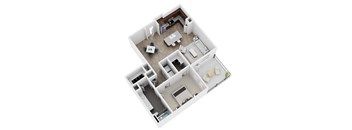 A top-down view of a house layout with a kitchen, living room, dining area, and two bedrooms.