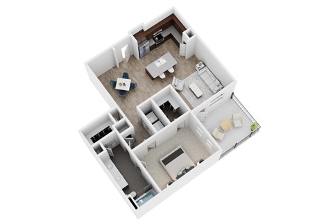 A top-down view of a house layout with a kitchen, living room, dining area, and two bedrooms.