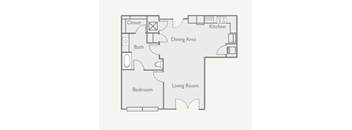 A floor plan of a small apartment with a bedroom, living room, kitchen, dining area, and bathroom.