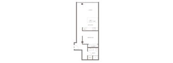 A floor plan of a house with a living room, kitchen, bedroom, bathroom, and closet.