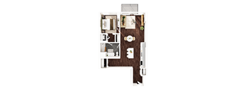 A top-down view of a kitchen and dining area with a wooden floor.