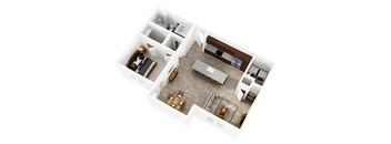 A white floor plan of a house with a living room, dining room, kitchen, and bedrooms.