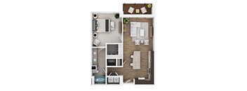 A top-down view of a room with a kitchen, living room, and bathroom.