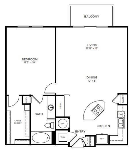 A black and white image of a floor plan for a one bedroom apartment.