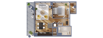 A top-down view of a house layout with a living room, dining area, kitchen, and bedrooms.