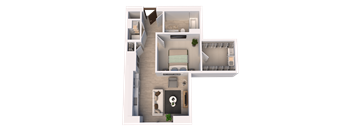 A top-down view of a modern apartment layout.