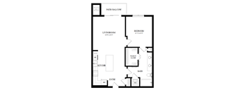 A black and white floor plan of a home with a living room, kitchen, patio, balcony, and bathroom.