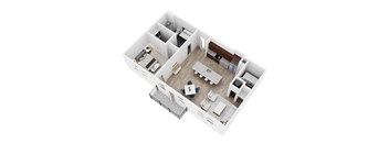 A top down view of a house interior with a kitchen, living room, and bathroom.
