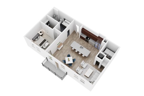 A top down view of a house interior with a kitchen, living room, and bathroom.