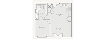 A floor plan of a living space with a bedroom, bathroom, dining area, kitchen, and closet.