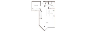 A floor plan of a small apartment with a bedroom, bathroom, kitchen, and living room.