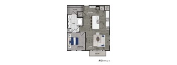 A 841 sq. ft. floor plan of a home with a living room, bedroom, bathroom, and kitchen.