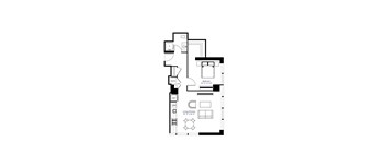 A floor plan of a small apartment with a living room, bedroom, and bathroom.