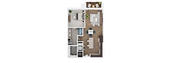 A floor plan of a small apartment with a kitchen, living room, and bathroom.
