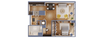 A top-down view of a house layout with a living room, dining area, kitchen, and bedrooms.