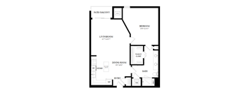 A floor plan of a home with a living room, dining room, kitchen, bath, and bedroom.