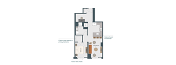 A floor plan of an apartment with a living room, bedrooms, and a kitchen.