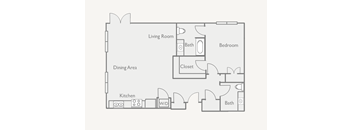 A floor plan of a small apartment with a living room, dining area, kitchen, bedroom, and bathroom.