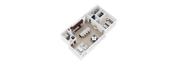 A white model of a house with a kitchen, living room, and two bedrooms.