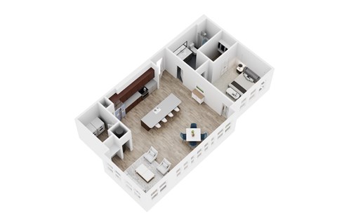 A white model of a house with a kitchen, living room, and two bedrooms.