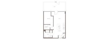 A floor plan of a house with a bedroom, living room, kitchen, and bathroom.