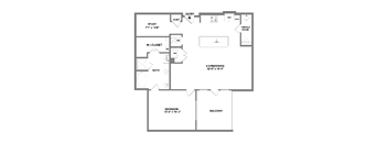 A floor plan of a living/dining room with a study, bathroom, and bedroom.