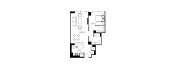 A floor plan of a small apartment with a living area, kitchen, and two bedrooms.